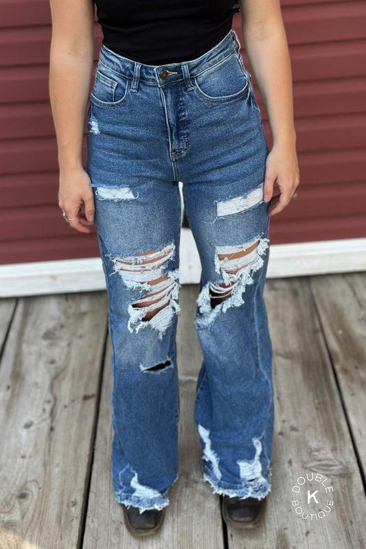 Mid Wash High Rise Distressed Trouser